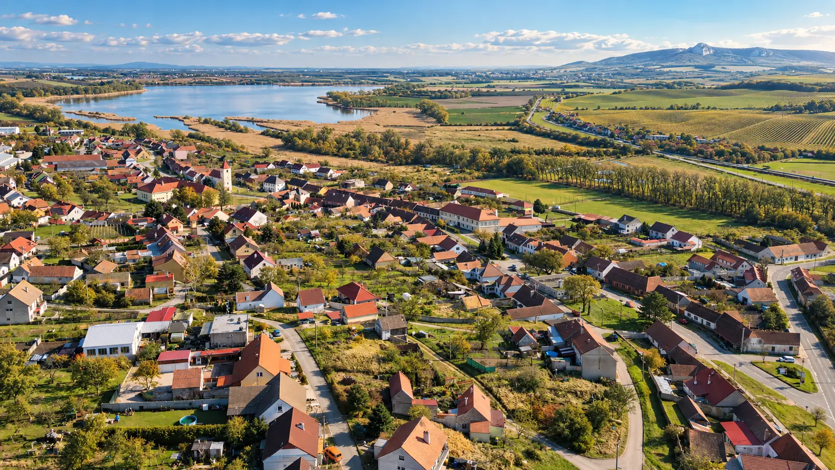 Terasy Sedlec a obec Sedlec z ptačí perspektivy